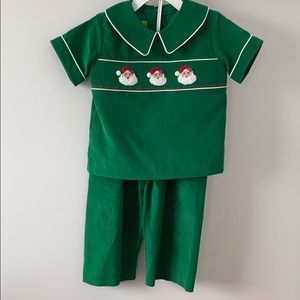 Boys Green Corduroy Smocked Santa Pant Set 3t